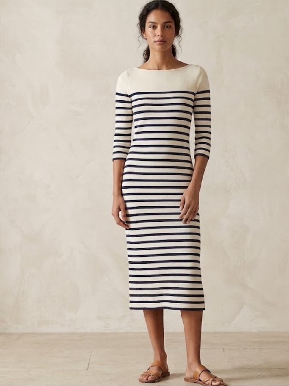 Polo by Ralph Lauren Navy & Cream Striped Boatneck Midi Dress Small